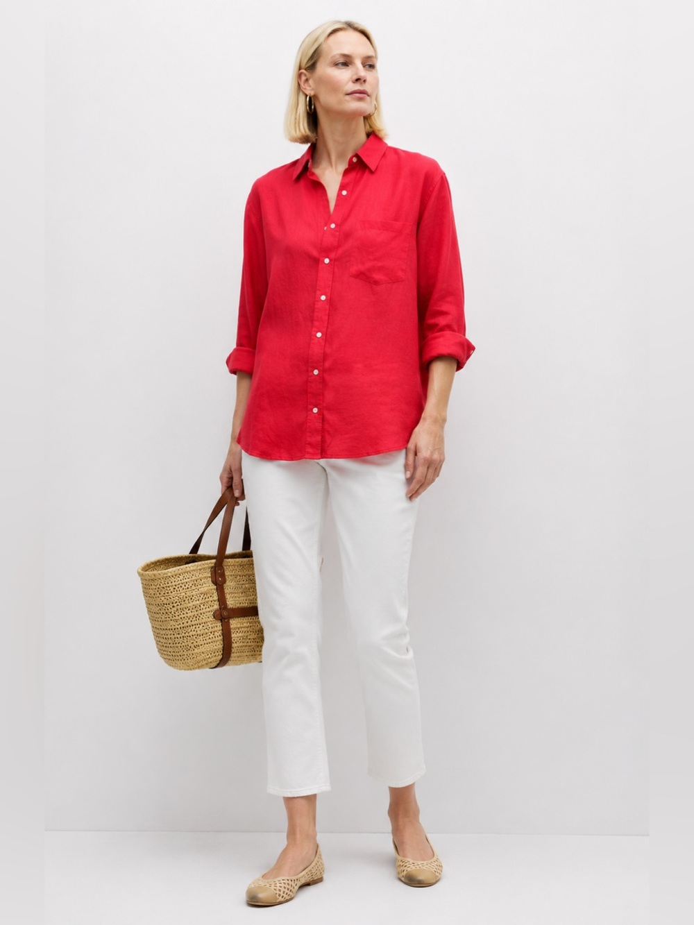 NWOT NEIMAN MARCUS Red Linen Button-Up Long Sleeve Shirt size M